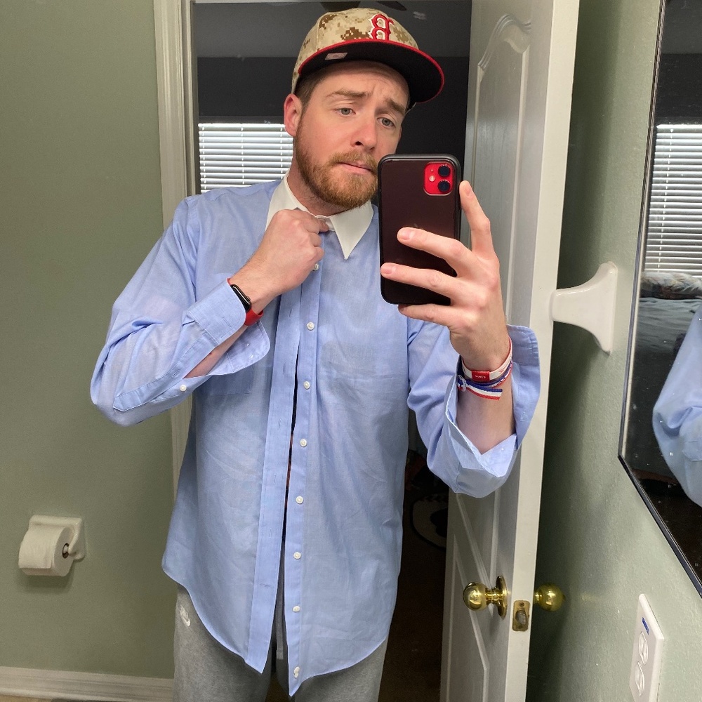 MUST GO! GENLY USED STAFFORD - MENS DRESS SHIRT BLUE / WHITE COLLAR 15 1/2 34-35